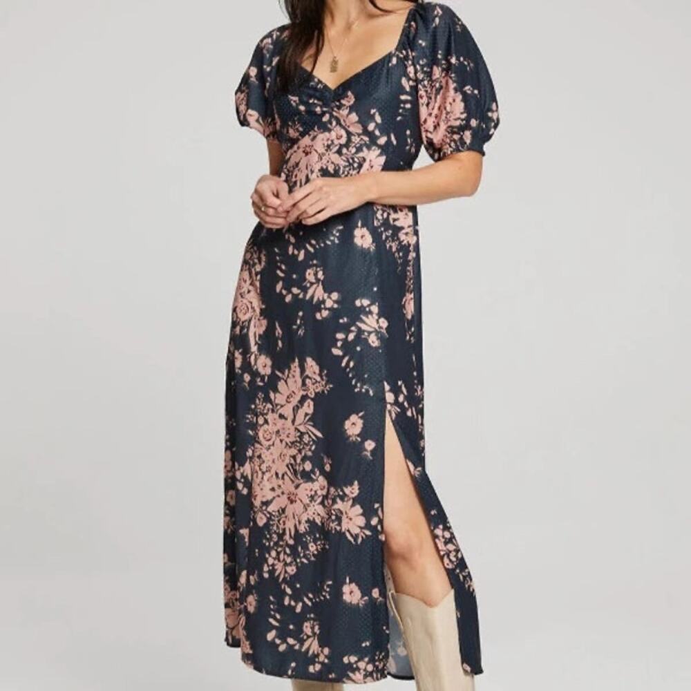 Saltwater Luxe Dress SZ Small NWT Alyvia Floral Midi Dark Ivy Puff Sleeve Boho